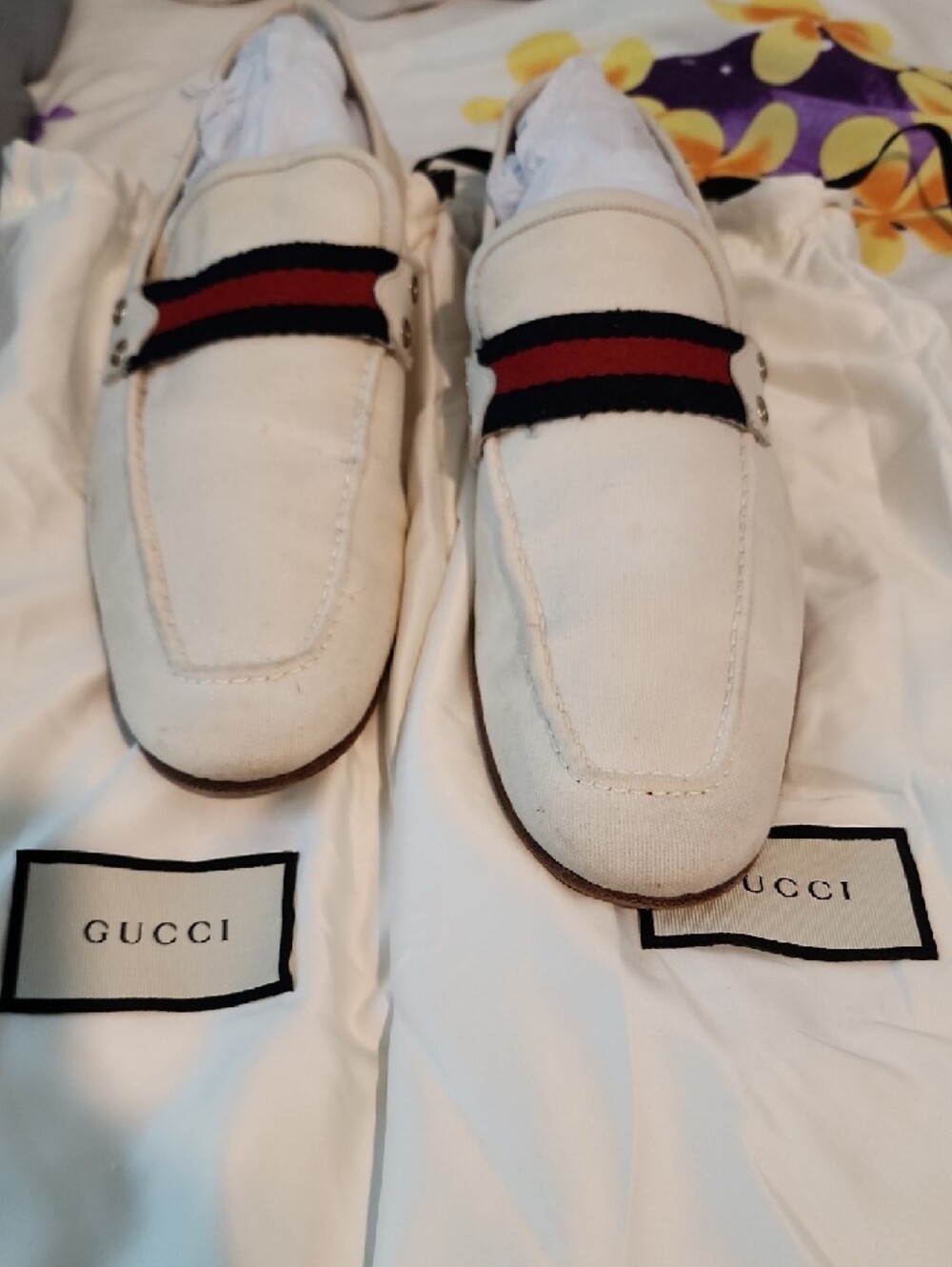 Gucci Ivory Canvas Loafers with Red & Blue Web Stripe - Picture 2 of 10